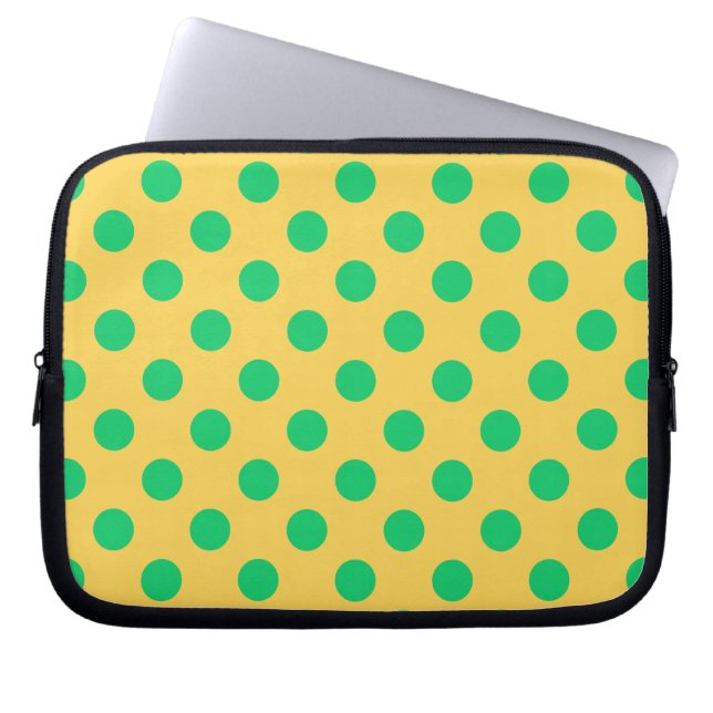 Groene polka-stippen op geel laptop sleeve (Voorkant)
