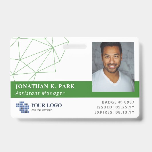 Groene Polygons Logo & Foto Personeels-ID Badge (Voorzijde)