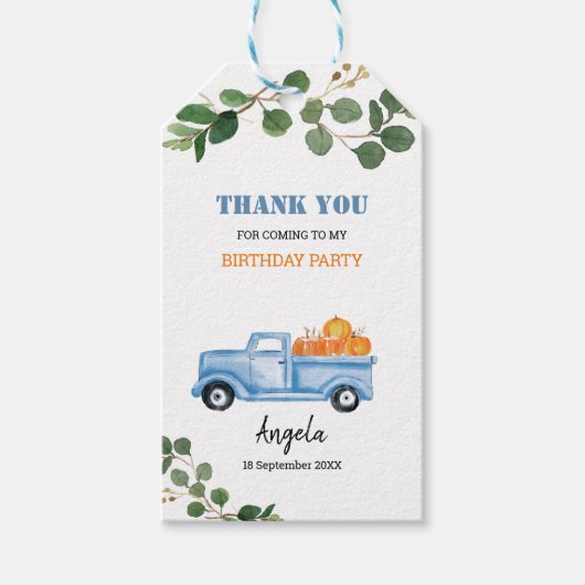 Groene pompoen blauwe vrachtwagen dank u Label. Cadeaulabel (Voorkant)