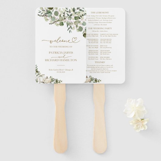 Groene Pompoen Herfst Bruiloftsceremonie Programma Handwaaier (Voorkant en achterkant)