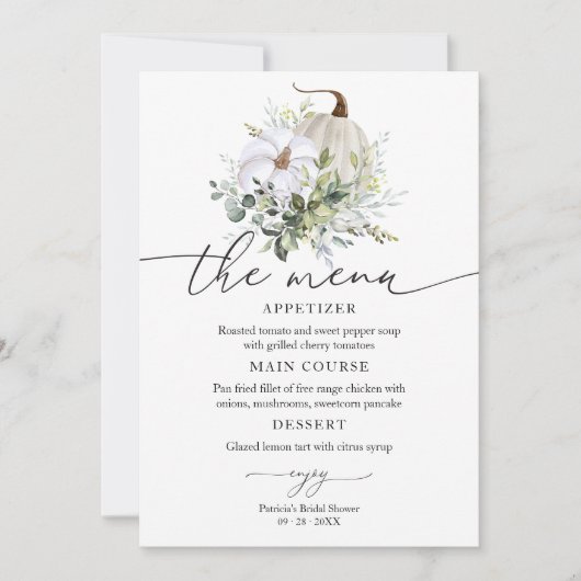 Groene Pompoen Herfst Vrijgezellenfeest Menu voor  Kaart (Voorkant)