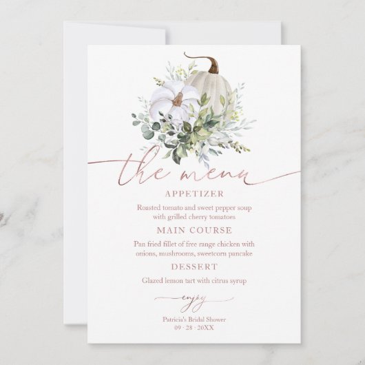 Groene Pompoen Herfst Vrijgezellenfeest Menu voor  Kaart (Voorkant)