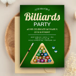 Groene pool Table Billiards Snooker Birthday Party Kaart<br><div class="desc">Nodig uw gasten uit met deze moderne uitnodiging van het themagefeest van de billiards met een richtsnoerstok, biljartballen en accessoires met moderne typografie. Voeg eenvoudig uw gebeurtenisdetails op deze makkelijk te gebruiken sjabloon toe om het één-van-een-soort uitnodiging te maken. Draai de kaart om een nette houtextuur op de achterkant van...</div>