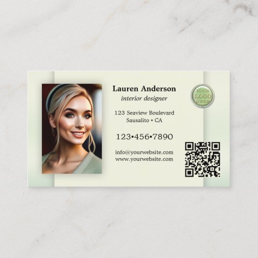 Groene Portfolio Logo QR Code Interieur Designer Visitekaartje (Achterkant)