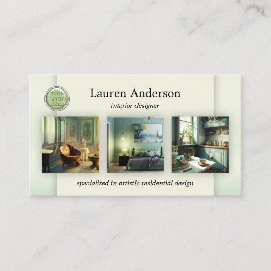 Groene Portfolio Logo QR Code Interieur Designer Visitekaartje (Voorkant)