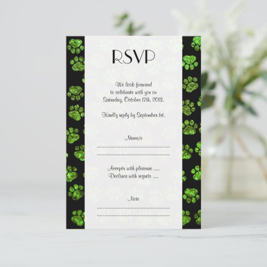 Groene poten, glitterpoten, groene glitter, bruilo RSVP kaartje (Staand voorkant)