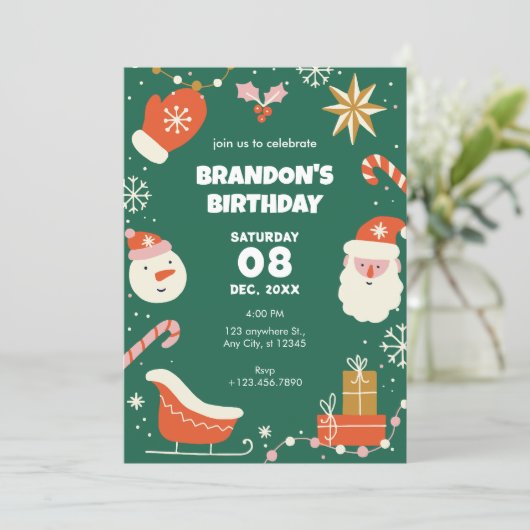 Groene pret kerst verjaardag kaart (Staand voorkant)