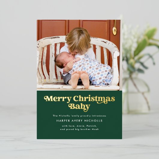 Groene prettige kerstfeestelijke Folie Baby bekend Folie Feestdagenkaart (Staand Voorkant)