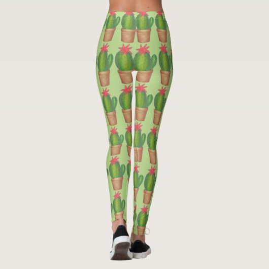 Groene Prickly Cactus Potted Plant Flower Leggings (Achterkant)