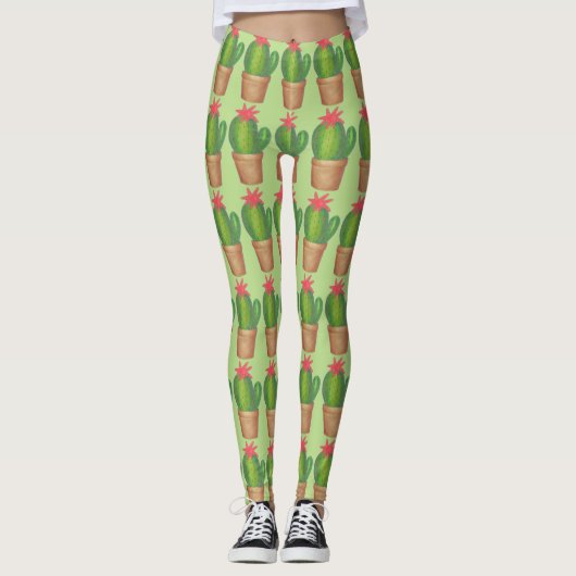 Groene Prickly Cactus Potted Plant Flower Leggings (Voorkant)