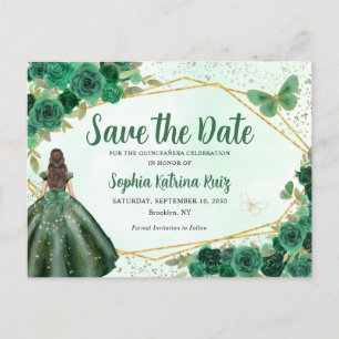 Groene Prinses Bloemen Quinceañera Save the Date Briefkaart