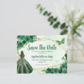 Groene Prinses Bloemen Quinceañera Save the Date Briefkaart (Staand voorkant)