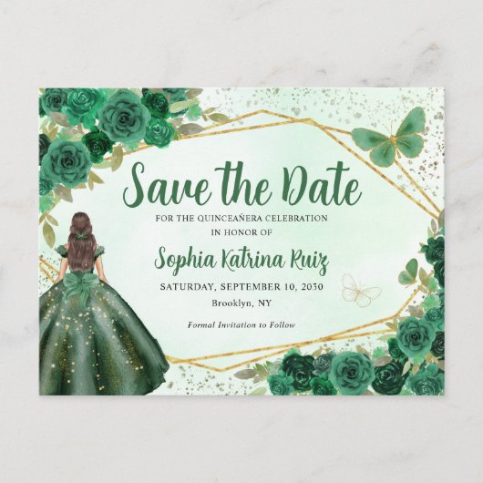 Groene Prinses Bloemen Quinceañera Save the Date Briefkaart (Voorkant)