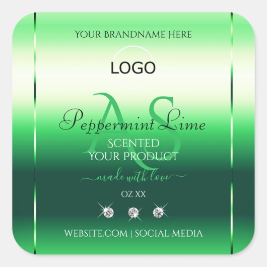 Groene productlabels Rhinestones Monogram en Logo Vierkante Sticker (Voorkant)