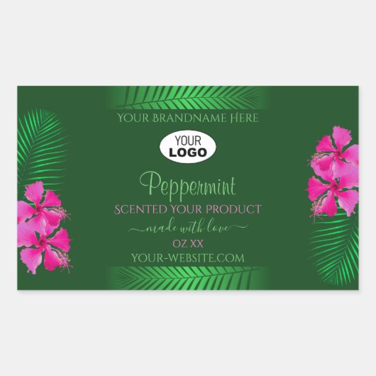 Groene productlabels Roze bloemen Logo Rechthoekige Sticker (Voorkant)