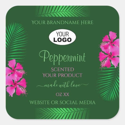 Groene productlabels Roze bloemen Logo Vierkante Sticker (Voorkant)