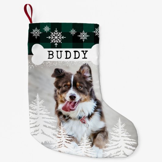 Groene Pset Rustic Pine Trees Dog Bone Pet Foto Kleine Kerstsok (Voorkant)