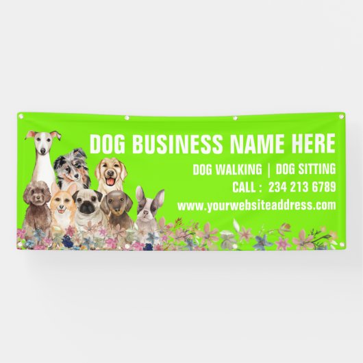 Groene Puppies Bloemen Botanische Hond Zittend Spandoek (Horizontaal)