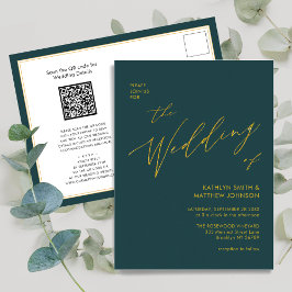 Groene QR-code in één Gold Script Weddenschap Uitnodiging Briefkaart