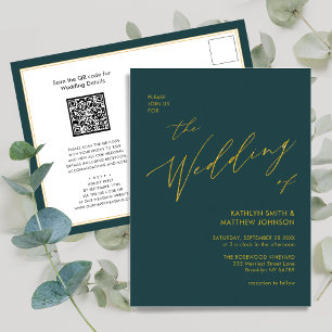 Groene QR-code in één Gold Script Weddenschap Uitnodiging Briefkaart