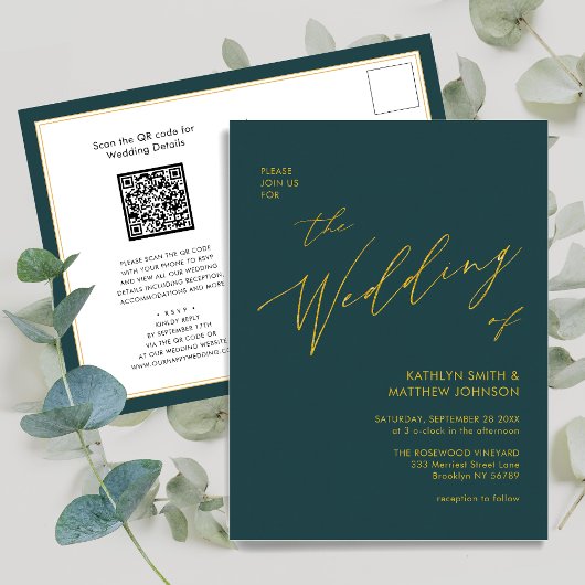 Groene QR-code in één Gold Script Weddenschap Uitnodiging Briefkaart