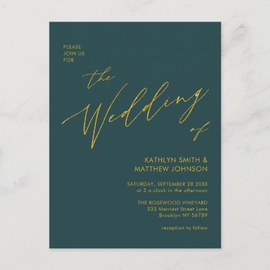 Groene QR-code in één Gold Script Weddenschap Uitnodiging Briefkaart (Voorkant)
