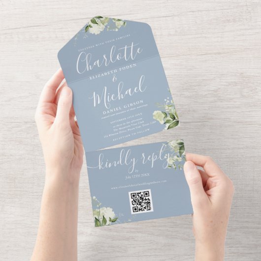 Groene QR-code Script Stofblauw Huwelijk All In One Uitnodiging (Afscheurbaar)