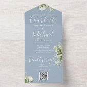 Groene QR-code Script Stofblauw Huwelijk All In One Uitnodiging (Binnen)