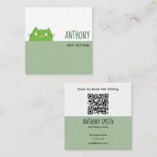 Groene QR Pet Sitter Bedrijfskaart Cute Kat Vierkante Visitekaartje