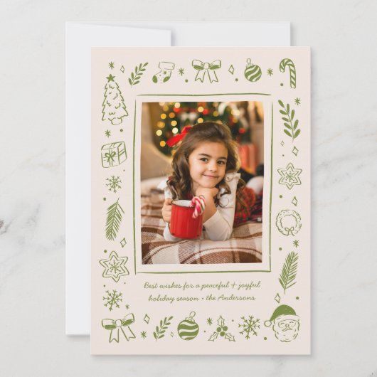 Groene Quarky Whimsical Handgetekende Kerst Iconen Feestdagenkaart (Voorkant)