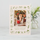 Groene Quarky Whimsical Handgetekende Kerst Iconen Feestdagenkaart (Staand voorkant)