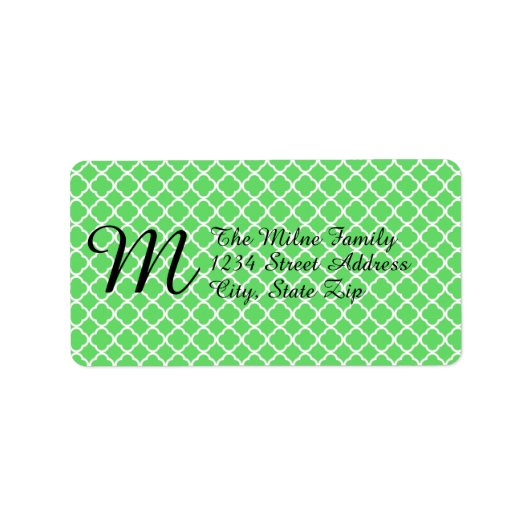 Groene Quatrefoil Monogram- Adreslabels Etiket (Voorkant)