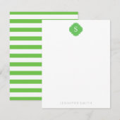 Groene Quatrefoil Monogram en Stripes Notitiekaart Kaart (Voorkant / Achterkant)