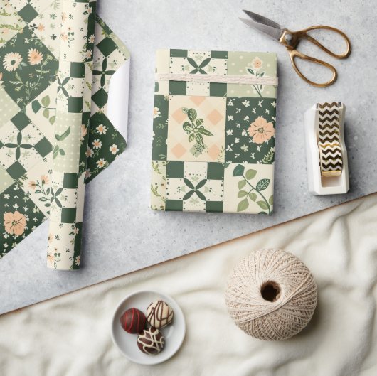 Groene Quilt Patchwork Antieke Plaid Geometrisch Cadeaupapier (Crafts)