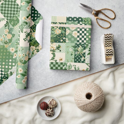 Groene Quilt Patchwork Antieke Plaid Geometrisch Cadeaupapier (Crafts)