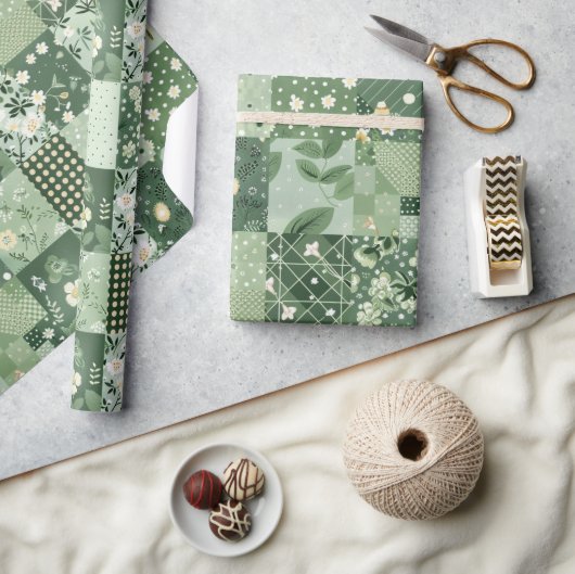 Groene Quilt Patchwork Antieke Plaid Geometrisch Cadeaupapier (Crafts)