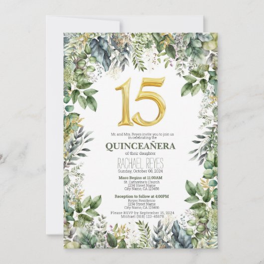 Groene Quinceañera Uitnodiging Template (Voorkant)
