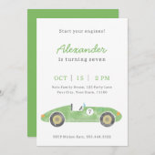 Groene race auto verjaardag aankondiging (Voorkant / Achterkant)