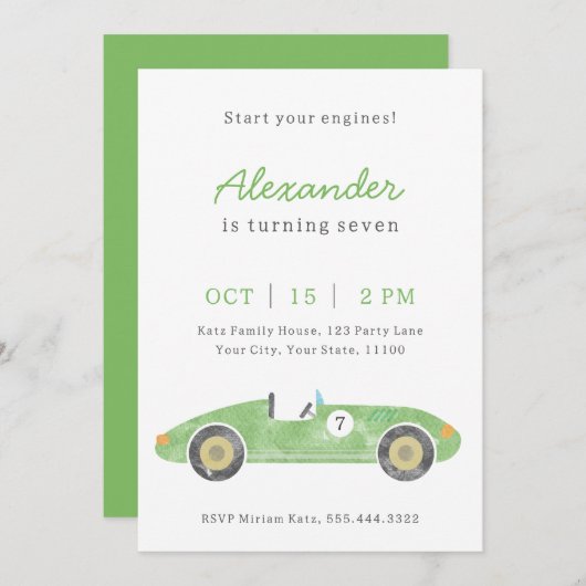 Groene race auto verjaardag aankondiging (Voorkant / Achterkant)