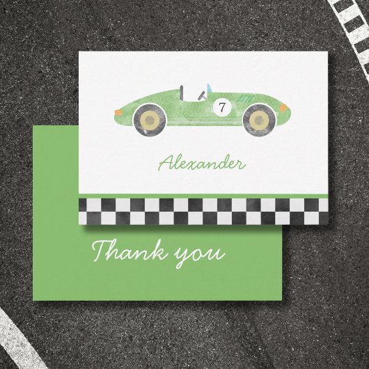 Groene race auto verjaardag notitiekaartje