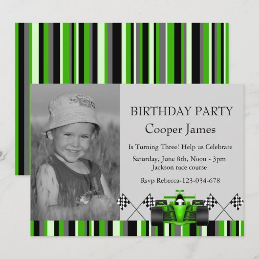 Groene Race Auto Verjaardag Uitnodigen Kaart (Voorkant / Achterkant)