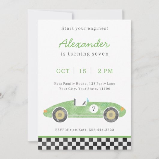 Groene race auto verjaardagsuitnodiging aankondiging (Voorkant)