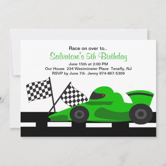 Groene Race Car Boys Birthday Uitnodiging (Voorkant)