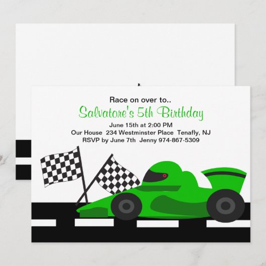 Groene Race Car Boys Birthday Uitnodiging (Voorkant / Achterkant)