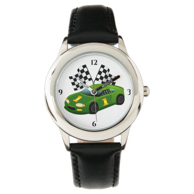 Groene Race Car Checkered Winners Flag Horloge (Voorkant)