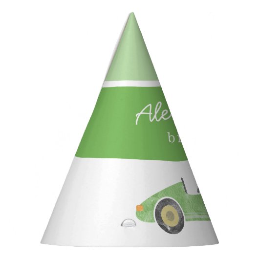 Groene  raceauto verjaardag feesthoedjes (Links)
