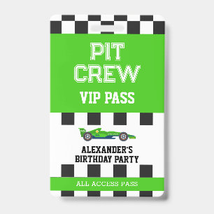 Groene Raceauto Vip Pas Pit Crew Verjaardagsfeestj Badge