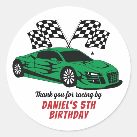 Groene raceauto voor kinderen: Birthday Party Ronde Sticker (Voorkant)