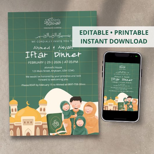 Groene Ramadan Iftar uitnodiging met Moskee, Koran