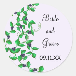 Groene ranken en marineblauwe bessen Save the Date Ronde Sticker